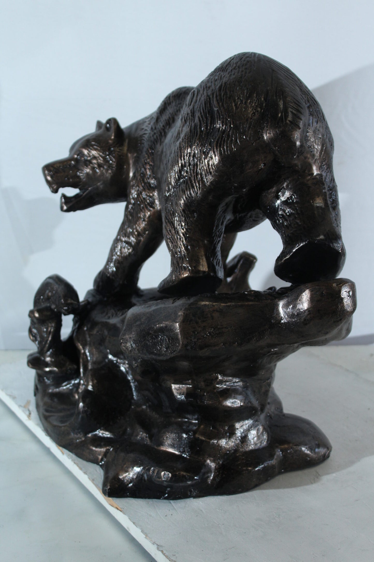Aluminum Bear Catching Fish Statue with River Rock Detail 25" x 15" x 22"H