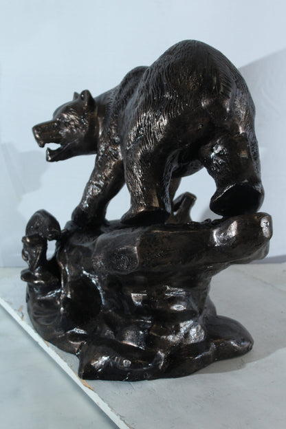 Aluminum Bear Catching Fish Statue with River Rock Detail 25" x 15" x 22"H