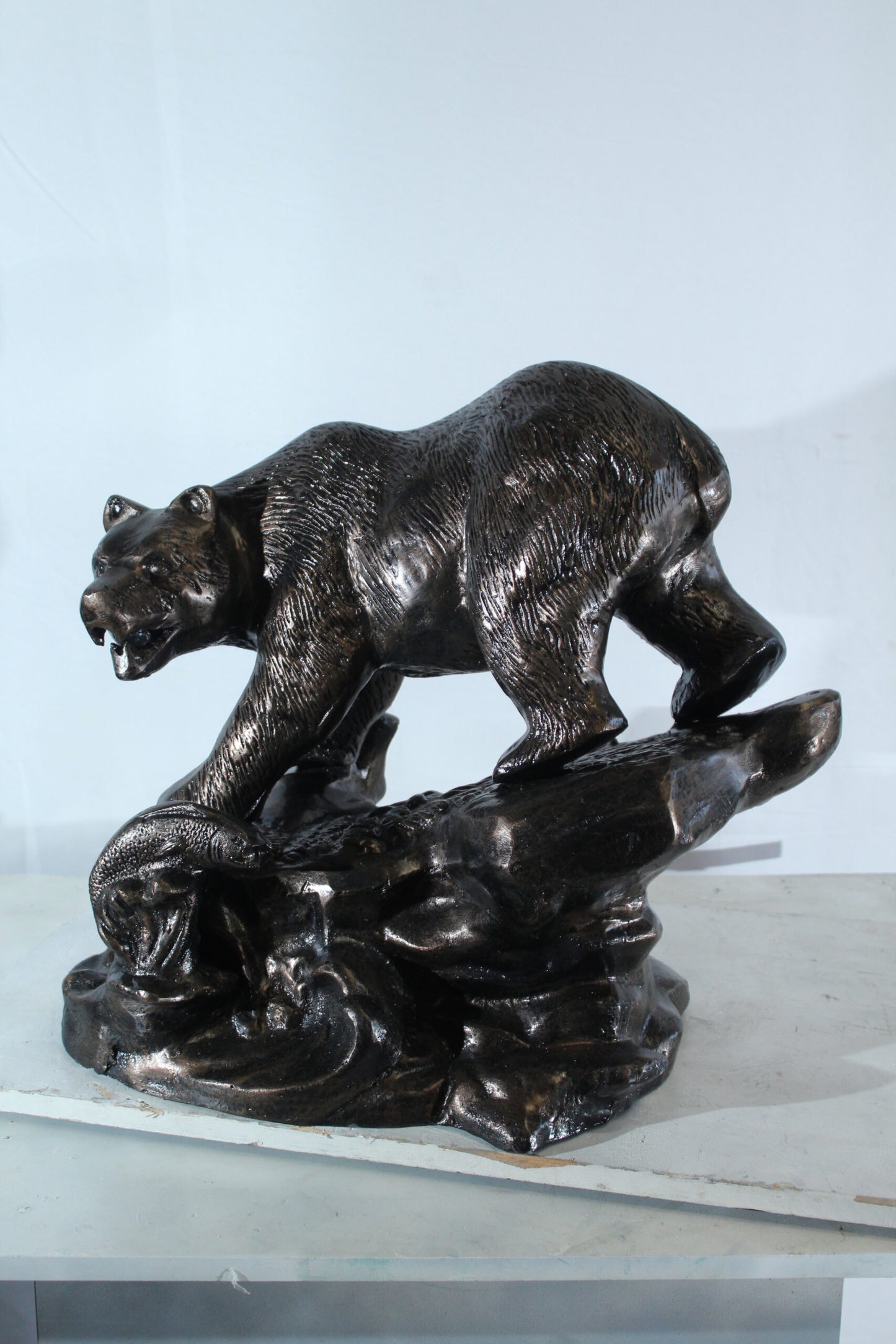 Aluminum Bear Catching Fish Statue with River Rock Detail 25" x 15" x 22"H