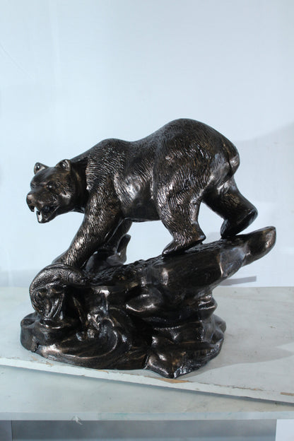 Aluminum Bear Catching Fish Statue with River Rock Detail 25" x 15" x 22"H