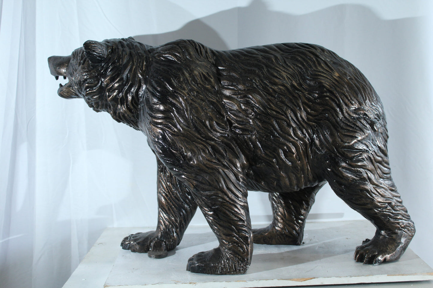 Aluminum Bear Statue with Open Mouth and Textured Fur Finish 42" x 14" x 23"H