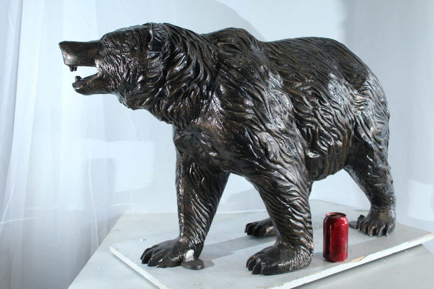 Aluminum Bear Statue with Open Mouth and Textured Fur Finish 42" x 14" x 23"H