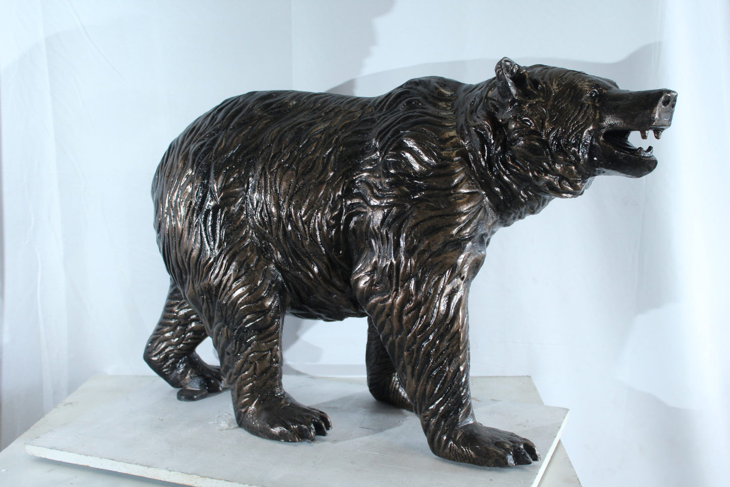 Aluminum Bear Statue with Open Mouth and Textured Fur Finish 42" x 14" x 23"H