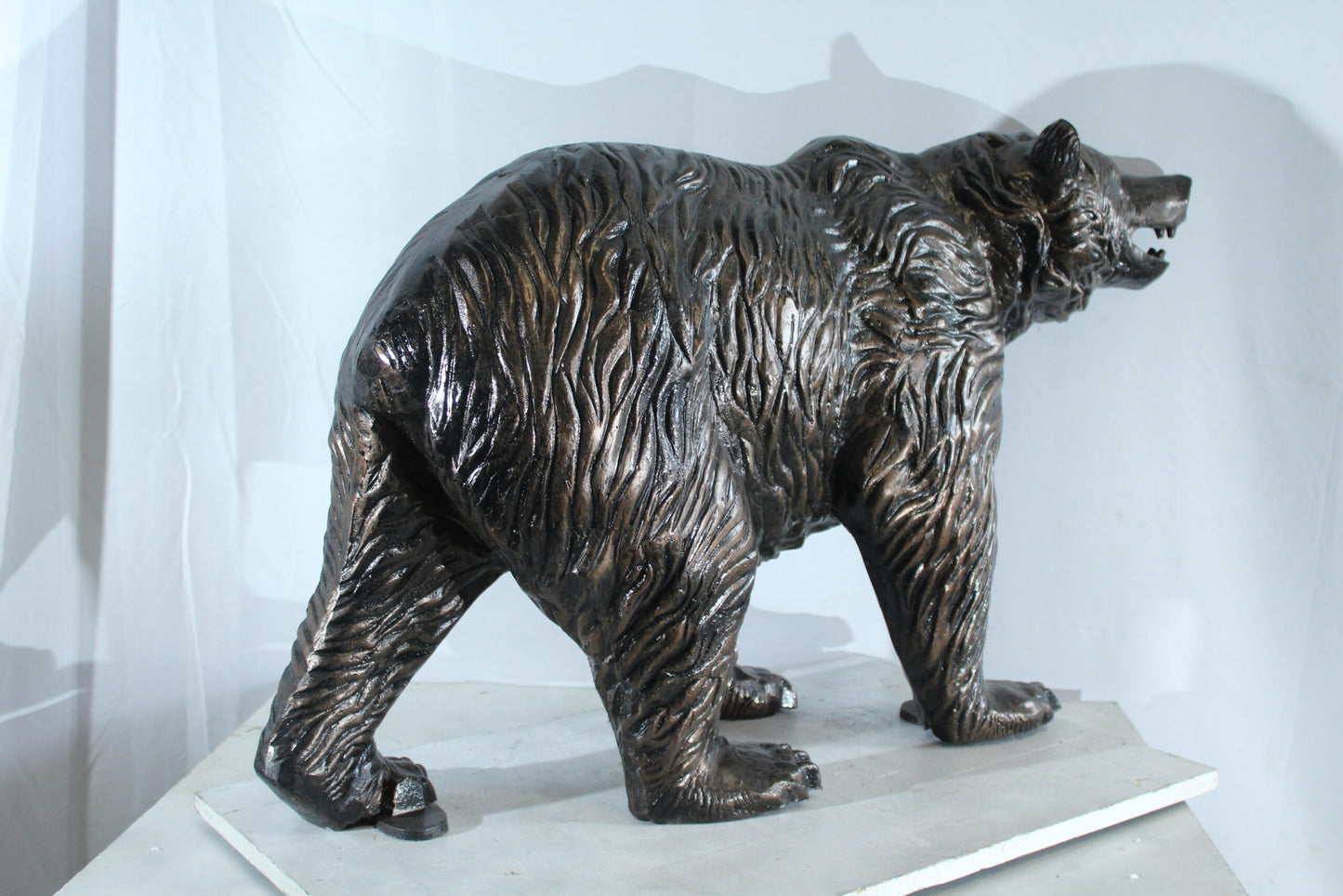 Aluminum Bear Statue with Open Mouth and Textured Fur Finish 42" x 14" x 23"H