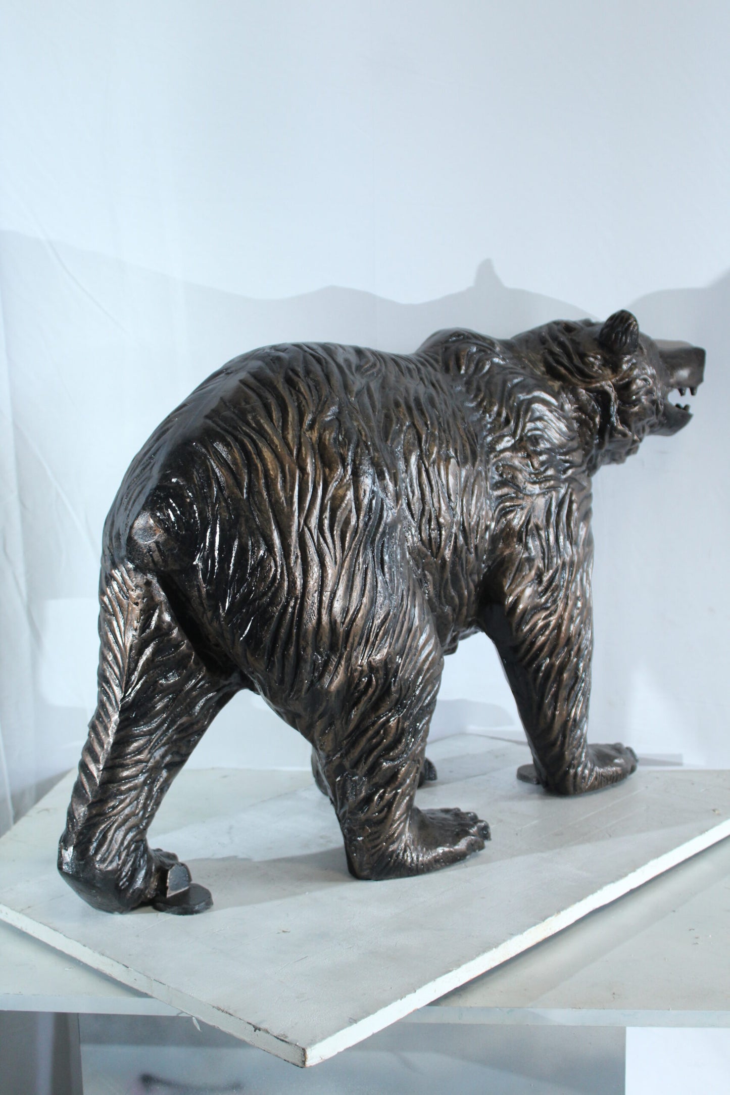 Aluminum Bear Statue with Open Mouth and Textured Fur Finish 42" x 14" x 23"H