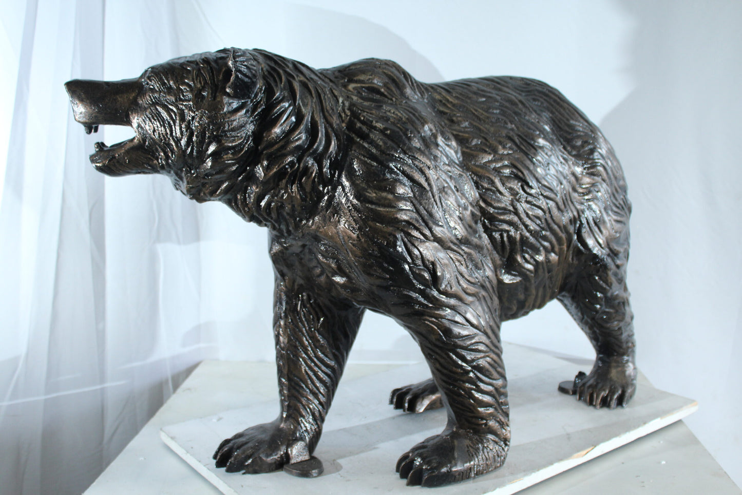 Aluminum Bear Statue with Open Mouth and Textured Fur Finish 42" x 14" x 23"H