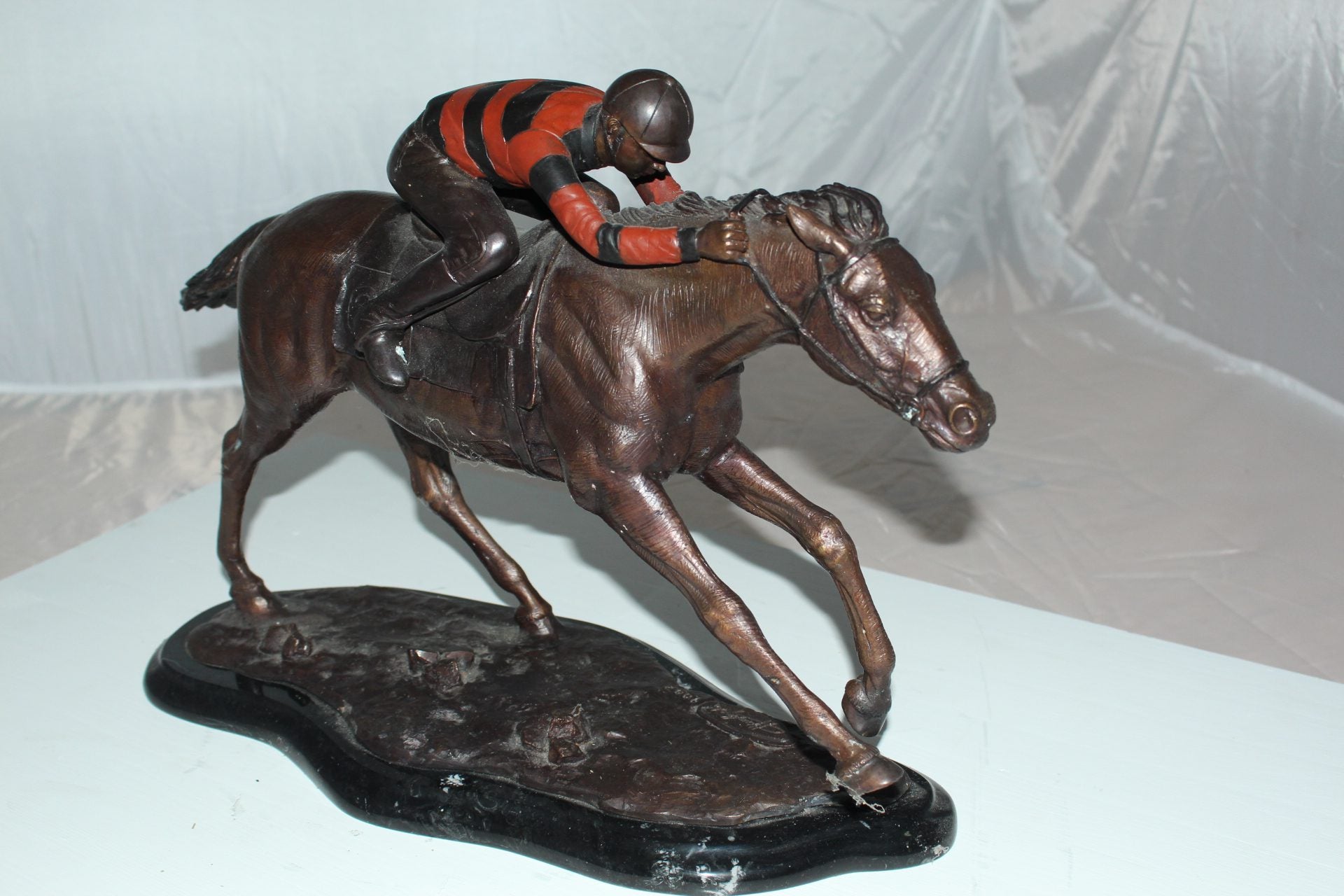 Jockey with Horse -large Bronze Statue -  Size: 21"L x 8"W x 14"H. 
