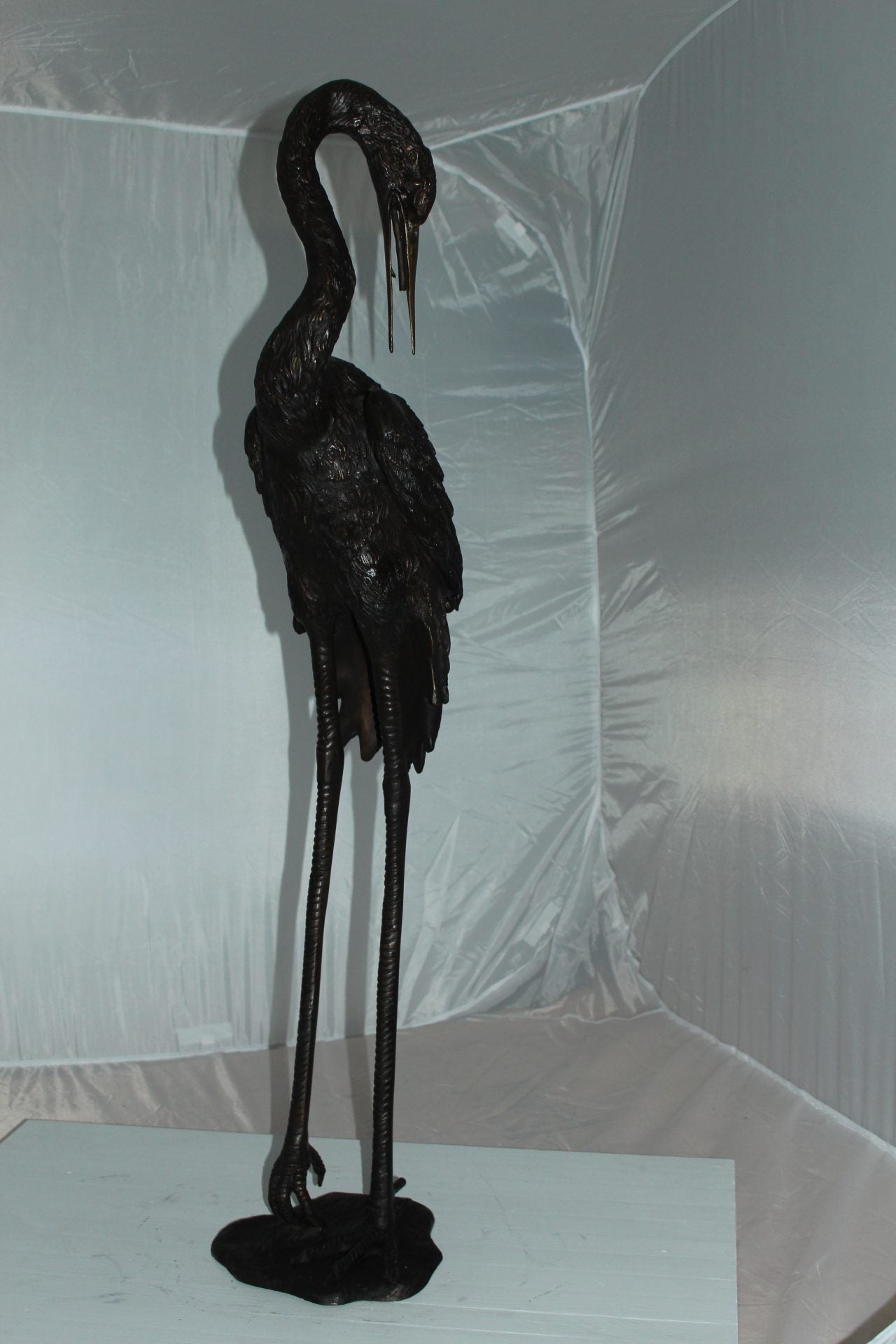 Crane head down fountain Bronze Statue -  Size: 10"L x 9"W x 44"H. 
