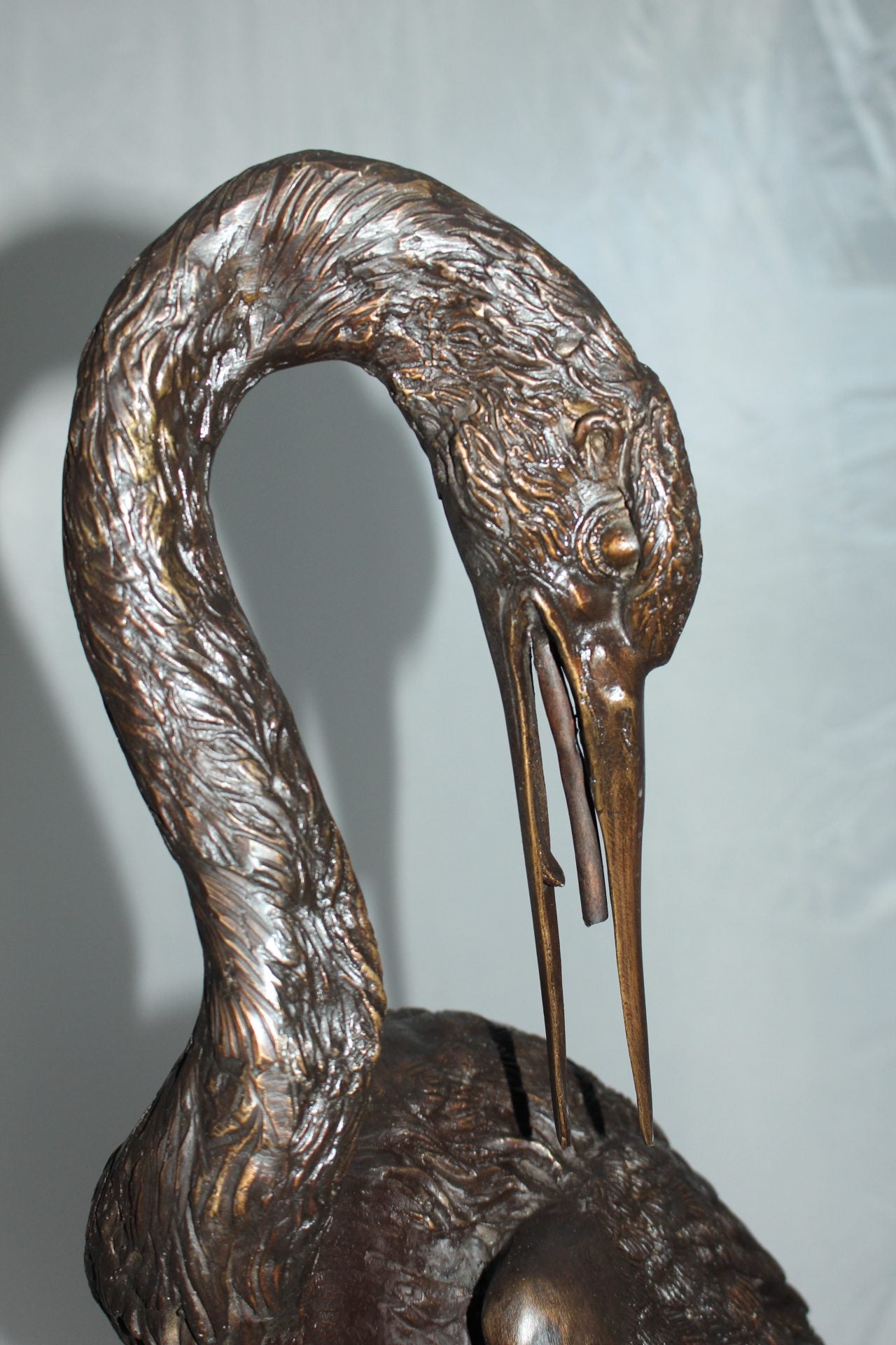 Crane head down fountain Bronze Statue -  Size: 10"L x 9"W x 44"H. 