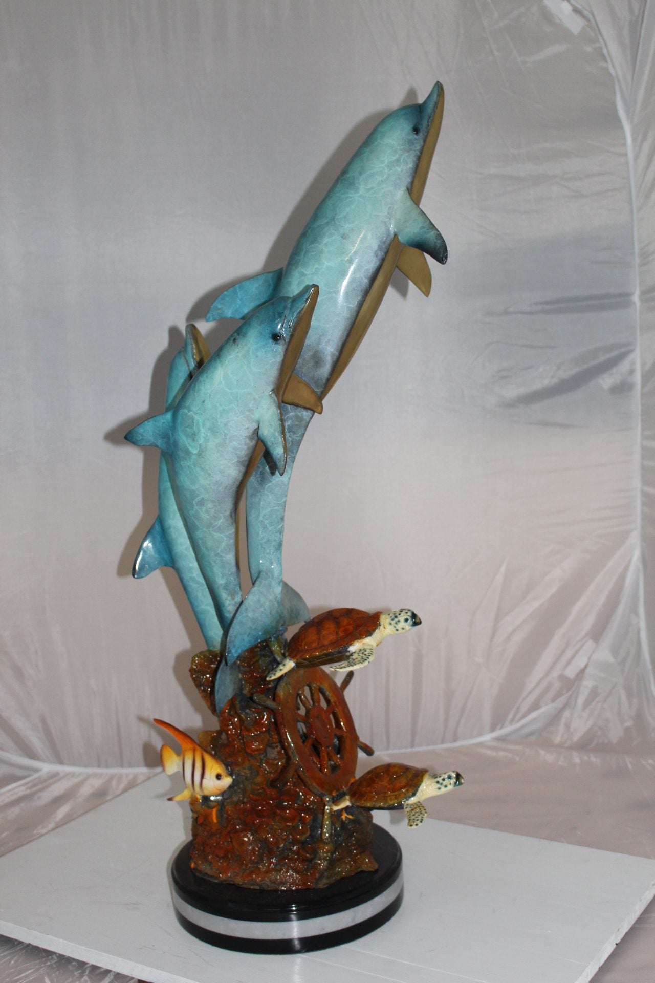 Three Dolphins W turtles and fish Bronze Statue -  Size: 16"L x 16"W x 40"H. 