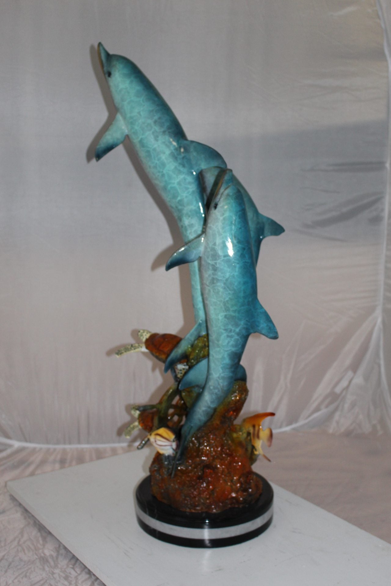 Three Dolphins W turtles and fish Bronze Statue -  Size: 16"L x 16"W x 40"H. 