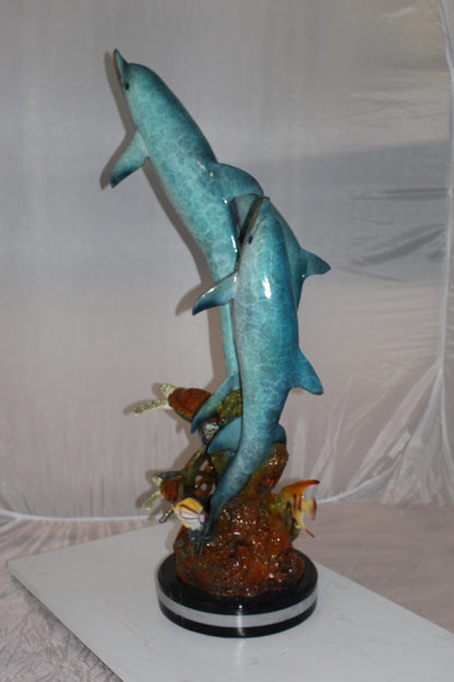 Three Dolphins W turtles and fish Bronze Statue -  Size: 16"L x 16"W x 40"H. 