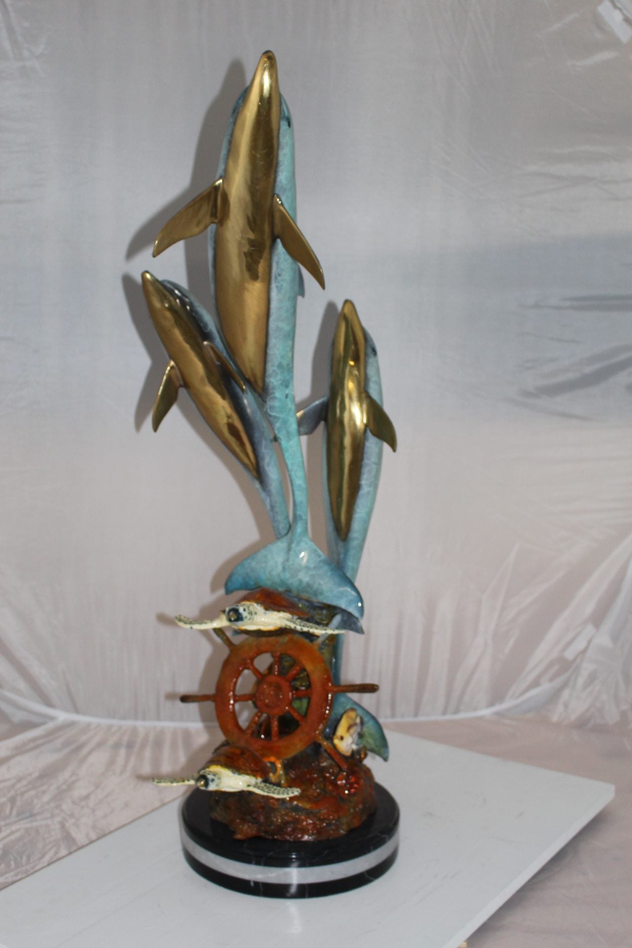 Three Dolphins W turtles and fish Bronze Statue -  Size: 16"L x 16"W x 40"H. 