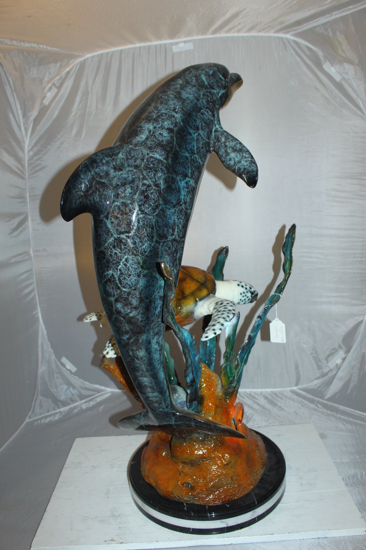 Dolphin with large turtle Bronze Statue -  Size: 30"L x 30"W x 44"H. 
