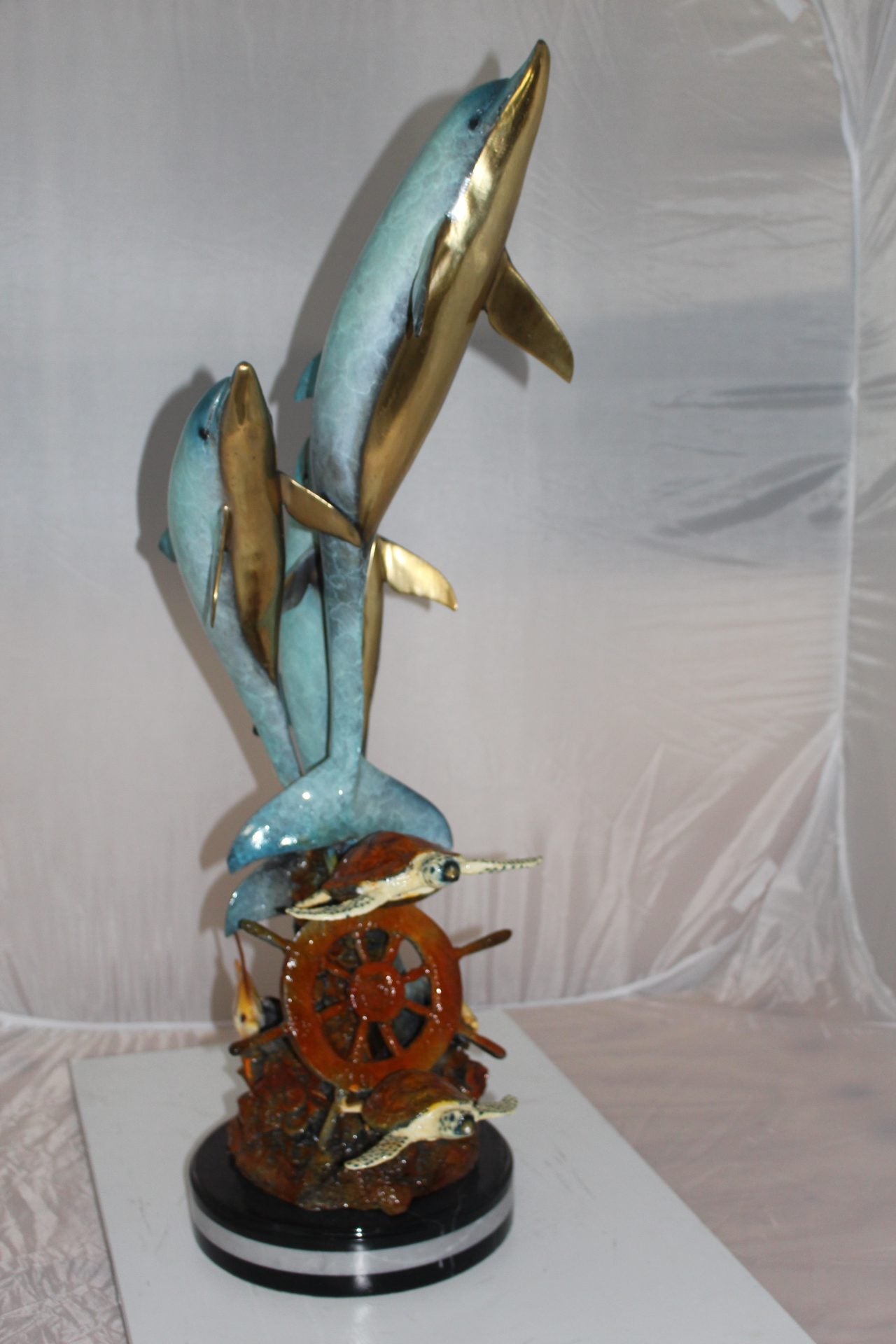 Three Dolphins W turtles and fish Bronze Statue -  Size: 16"L x 16"W x 40"H. 