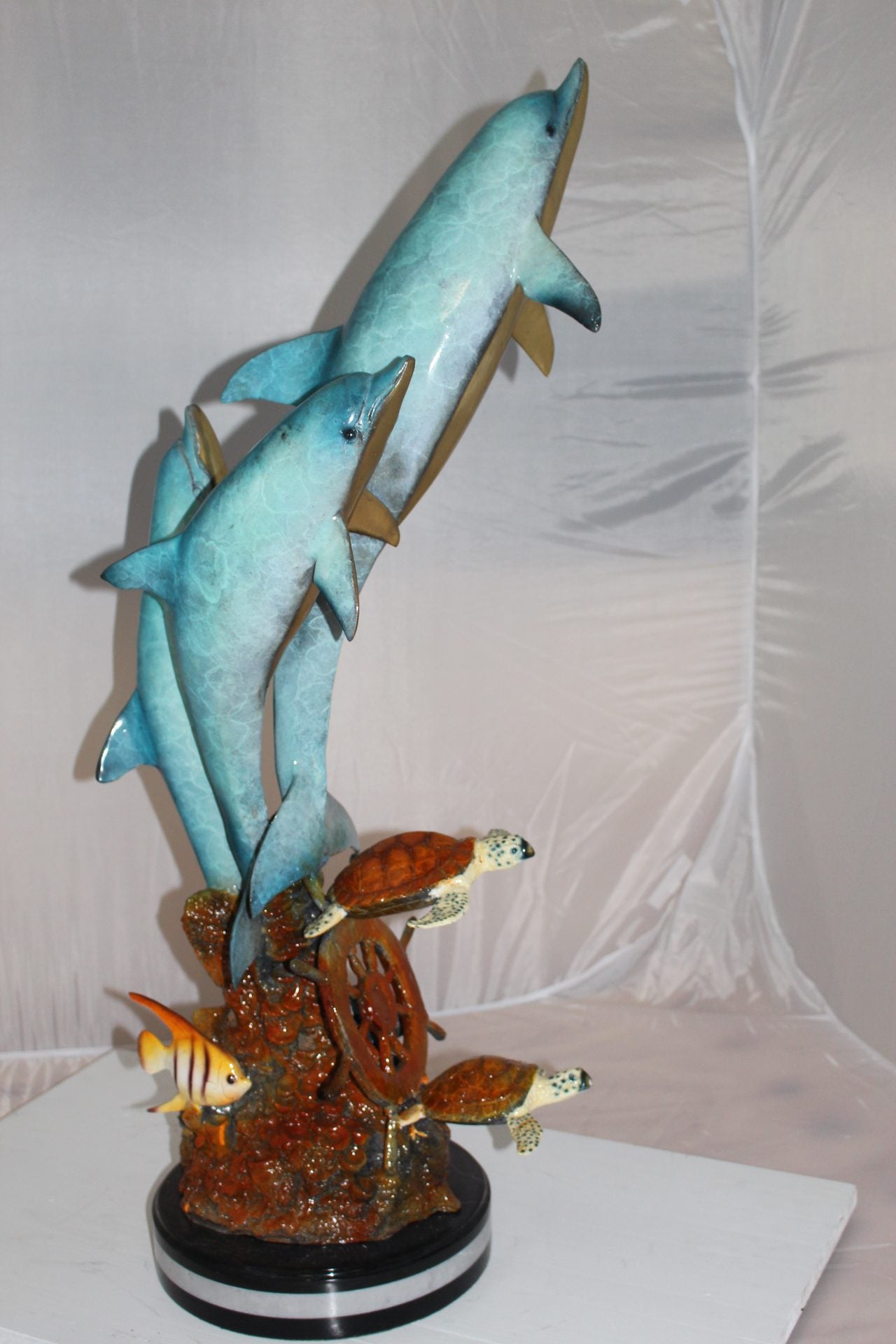 Three Dolphins W turtles and fish Bronze Statue -  Size: 16"L x 16"W x 40"H. 