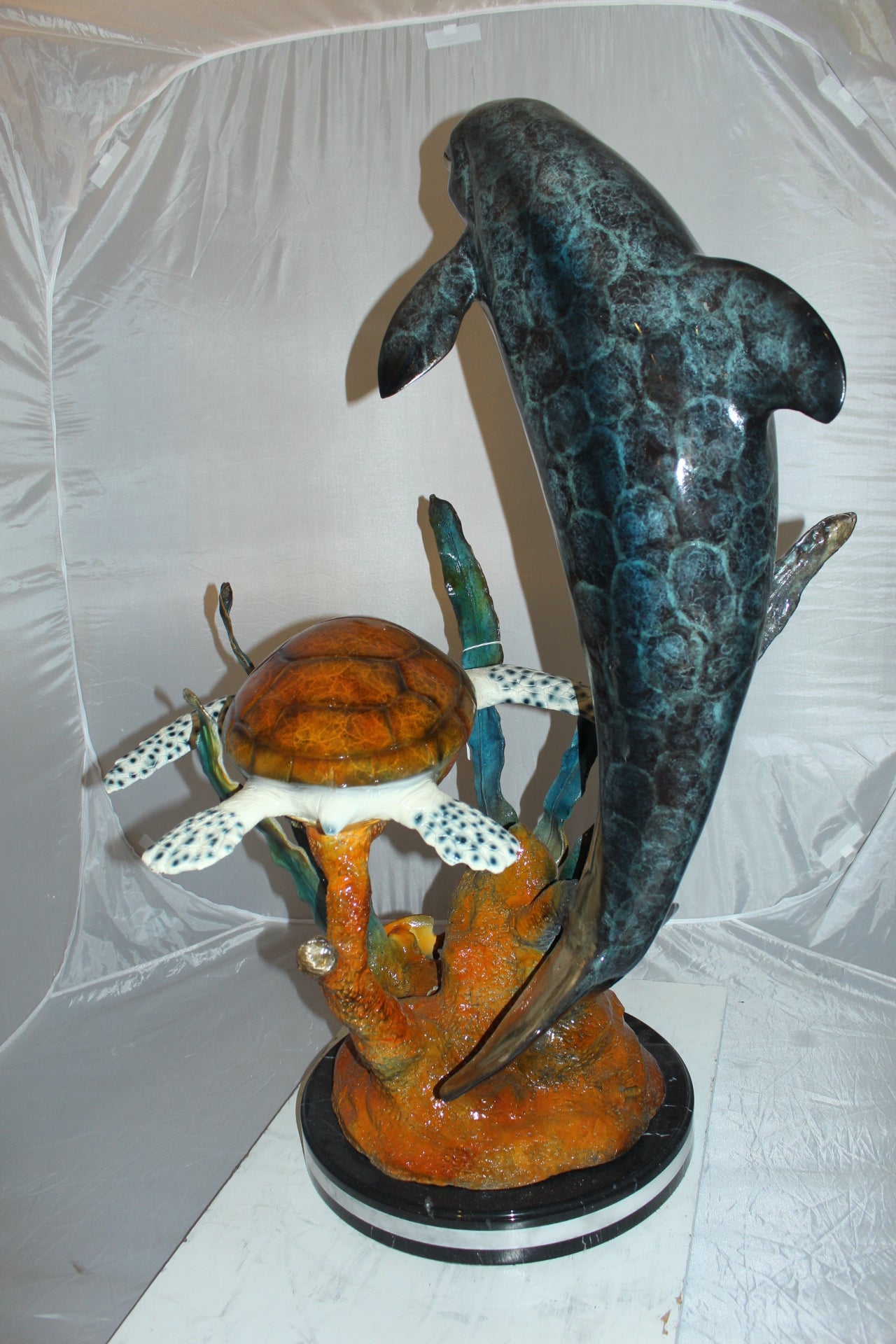 Dolphin with large turtle Bronze Statue -  Size: 30"L x 30"W x 44"H. 