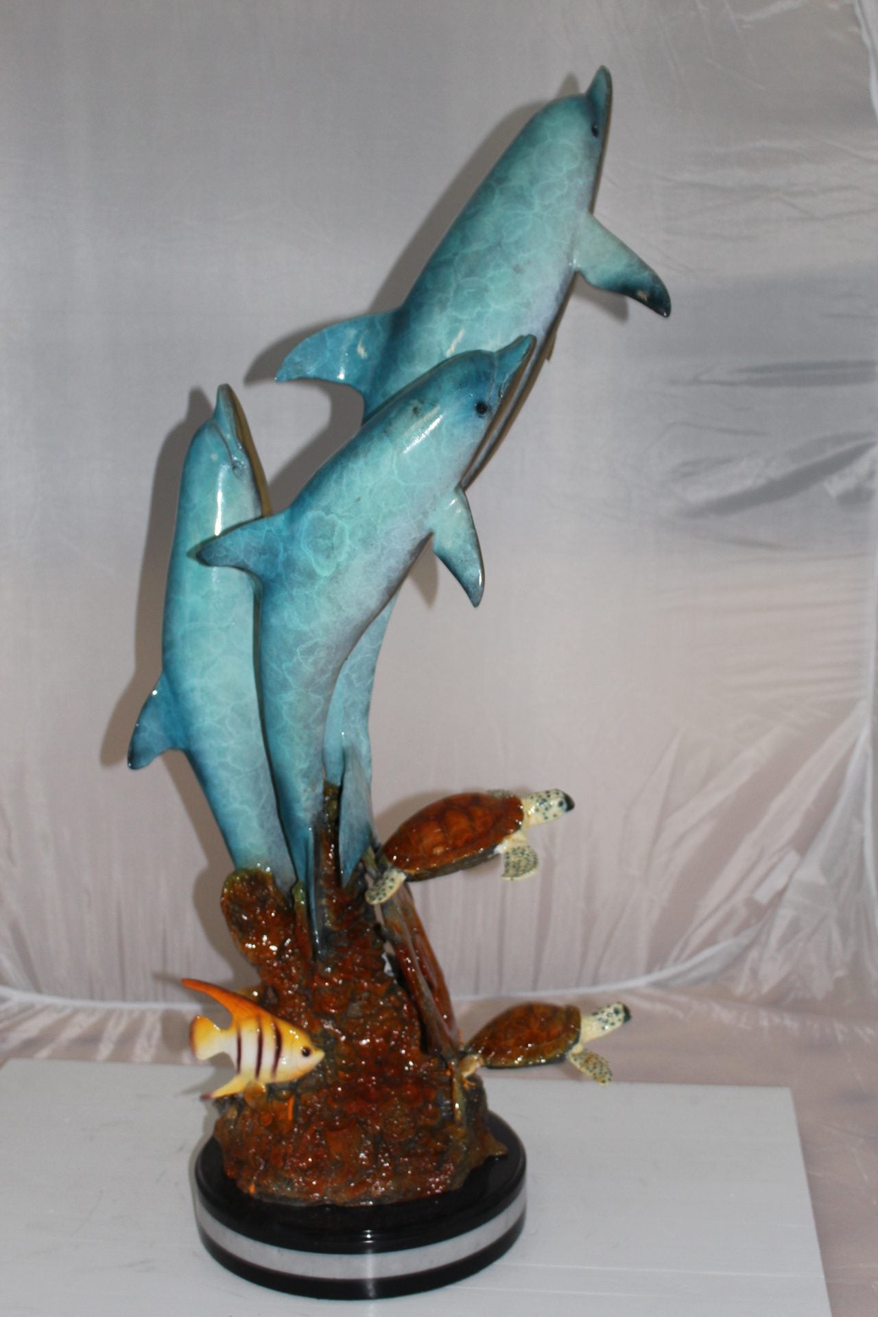 Three Dolphins W turtles and fish Bronze Statue -  Size: 16"L x 16"W x 40"H. 
