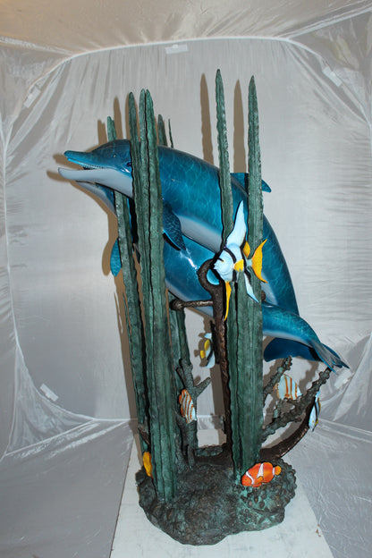 Two dolphins w small fish fountain Bronze Statue -  Size: 33"L x 30"W x 42"H. 