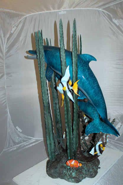 Two dolphins w small fish fountain Bronze Statue -  Size: 33"L x 30"W x 42"H. 