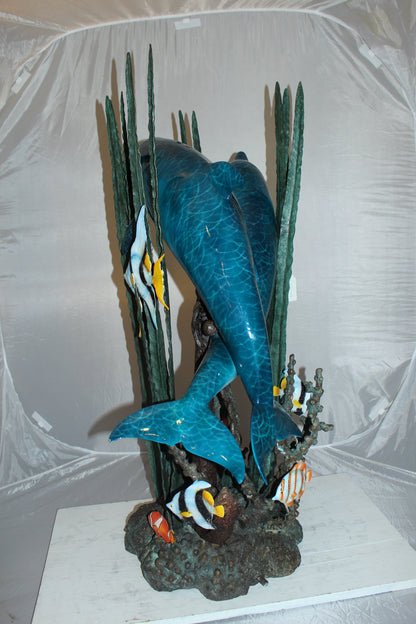 Two dolphins w small fish fountain Bronze Statue -  Size: 33"L x 30"W x 42"H. 
