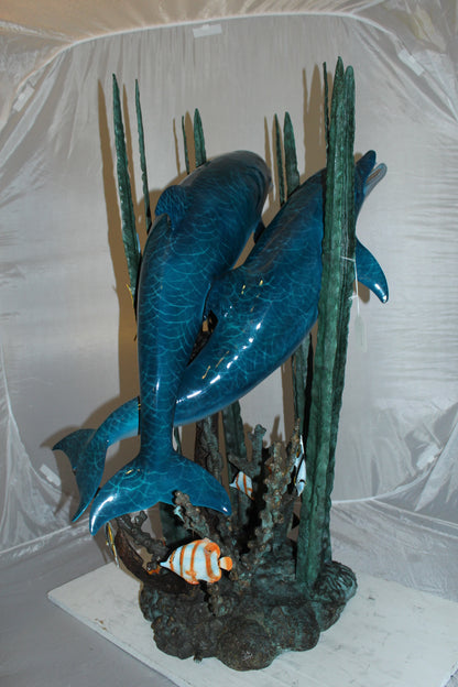 Two dolphins w small fish fountain Bronze Statue -  Size: 33"L x 30"W x 42"H. 