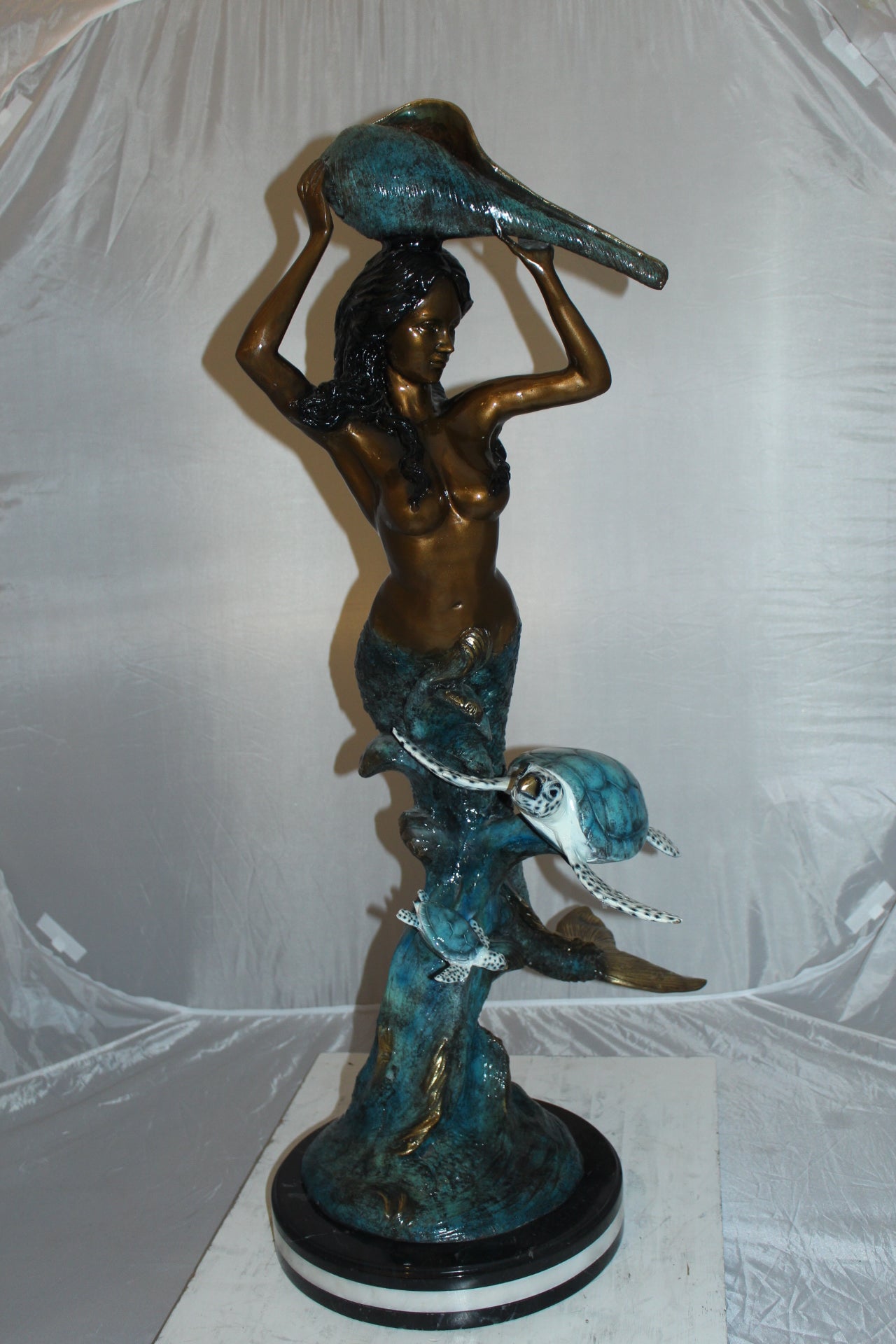 Mermaid 43 holding a shell fountain Bronze Statue -  Size: 14"L x 24"W x 43"H. 