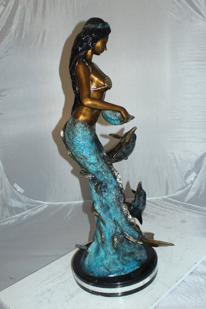 Mermaid with Dolphin Fountain Bronze Statue -  Size: 16"L x 16"W x 39"H. 