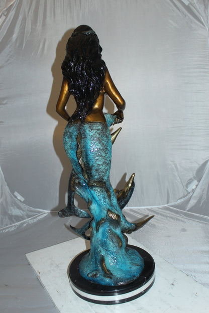 Mermaid with Dolphin Fountain Bronze Statue -  Size: 16"L x 16"W x 39"H. 