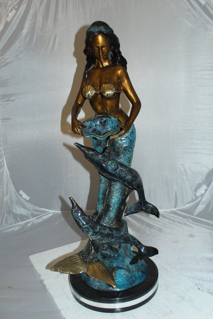 Mermaid with Dolphin Fountain Bronze Statue -  Size: 16"L x 16"W x 39"H. 