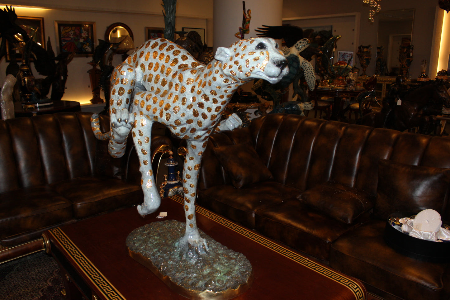 Running Cheetah - Gold Pleated Bronze Statue -  Size: 67"L x 23"W x 41"H. 