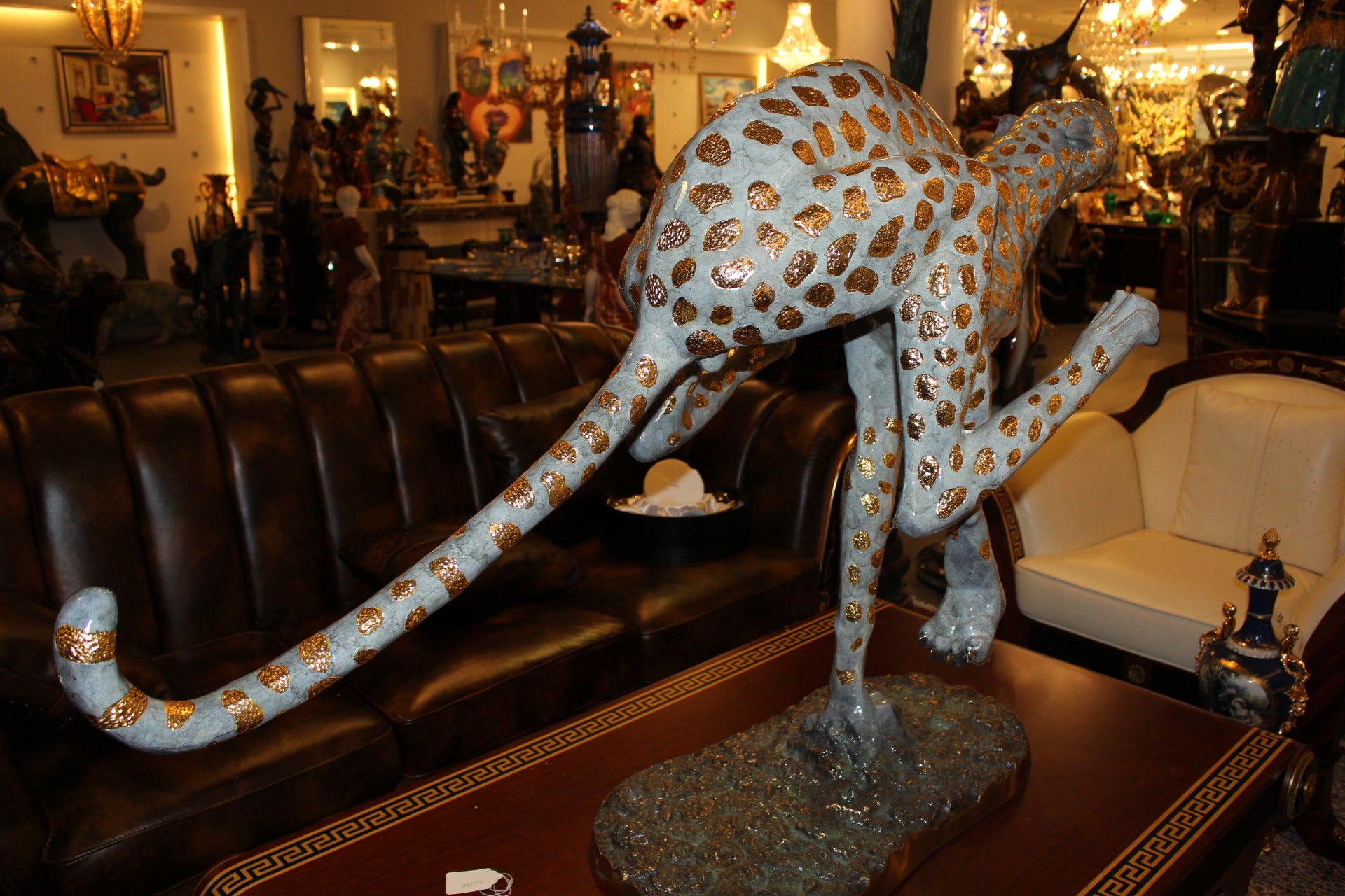Running Cheetah - Gold Pleated Bronze Statue -  Size: 67"L x 23"W x 41"H. 