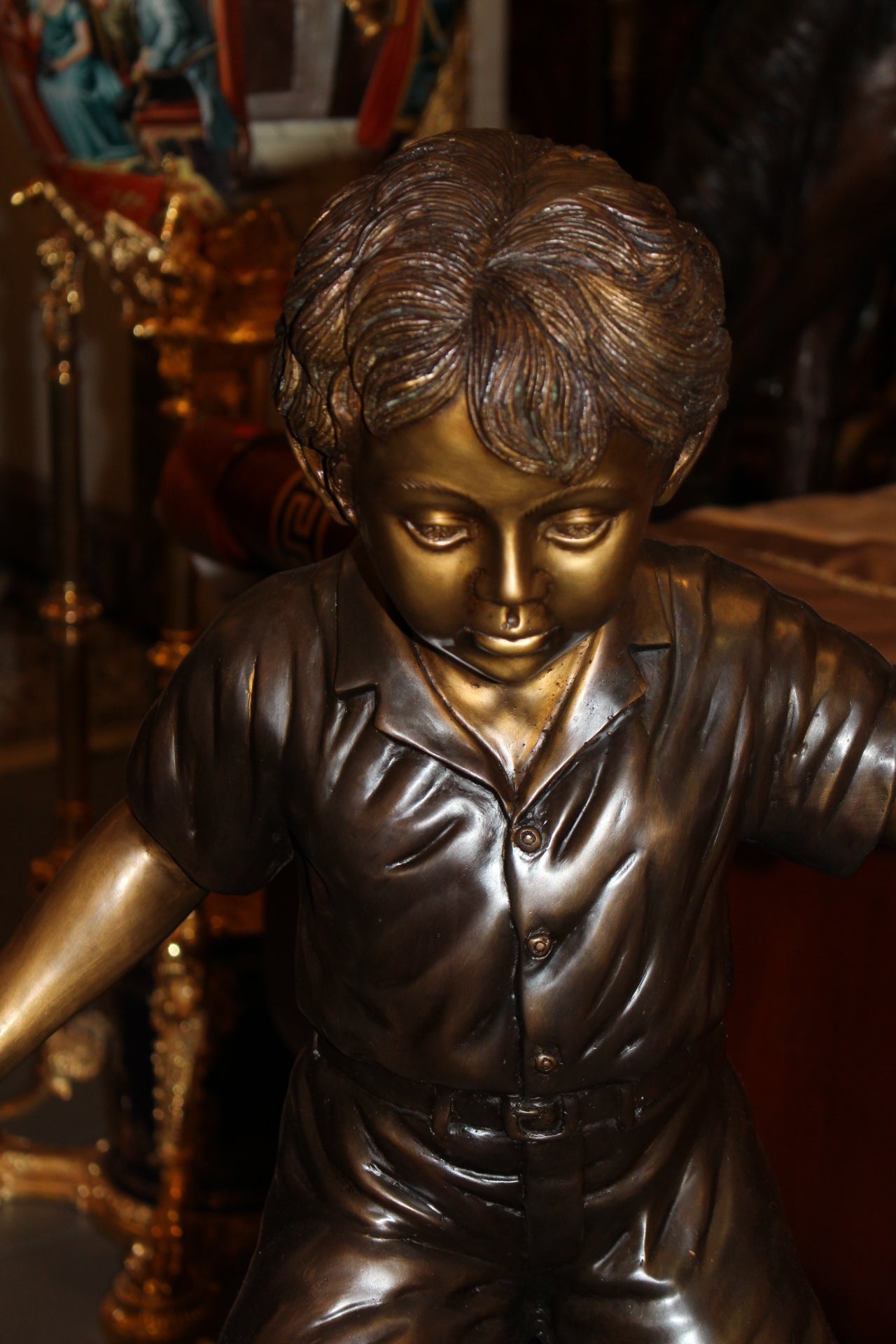 Kid with dog walking on a log Bronze Statue -  Size: 57"L x 18"W x 41"H. 