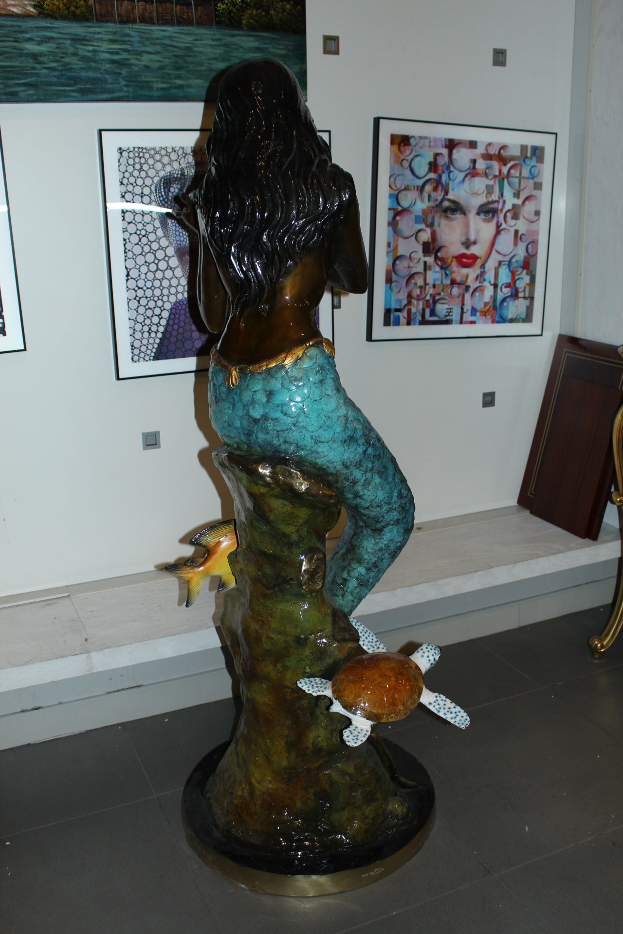 Mermaid holding shell L, W turtle and fish Bronze fountain -  38" x 24" x 68"H. 