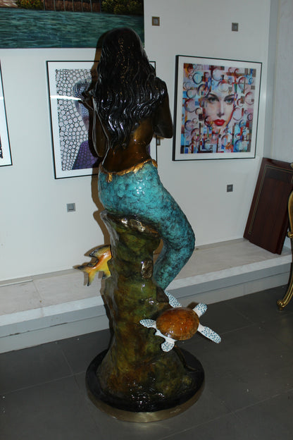 Mermaid holding shell L, W turtle and fish Bronze fountain -  38" x 24" x 68"H. 