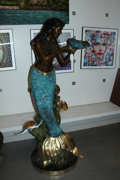 Mermaid holding shell L, W turtle and fish Bronze fountain -  38" x 24" x 68"H. 