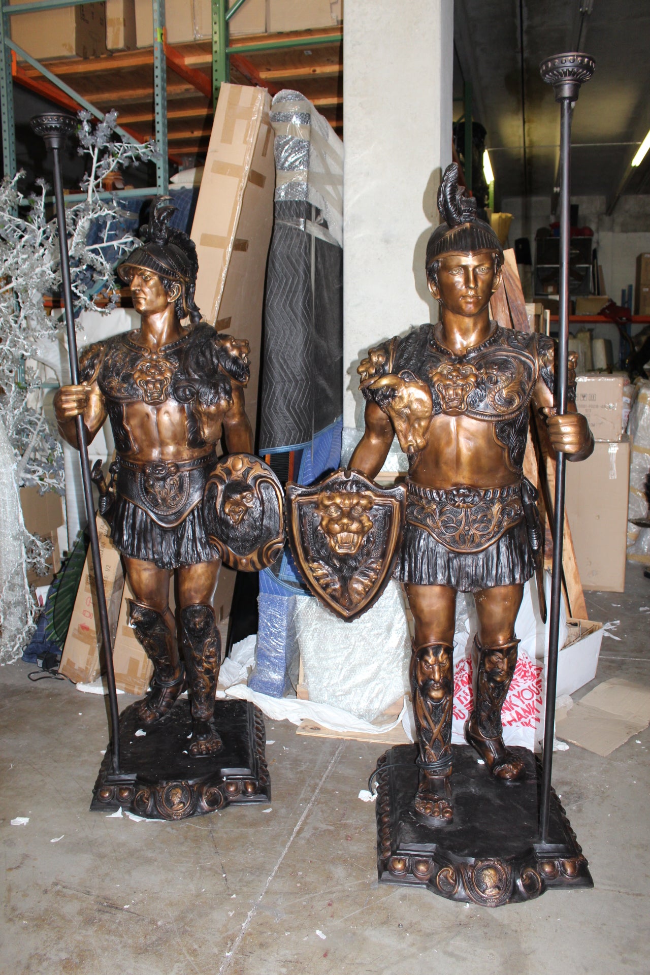 Pair of Roman Warrior lamps Bronze Statues -  Size: 33"L x 24"W x 96"H. 
