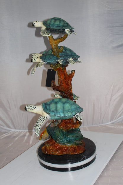 Five Sea Turtles Swimming Bronze Statue -  Size: 20"L x 16"W x 30"H. 