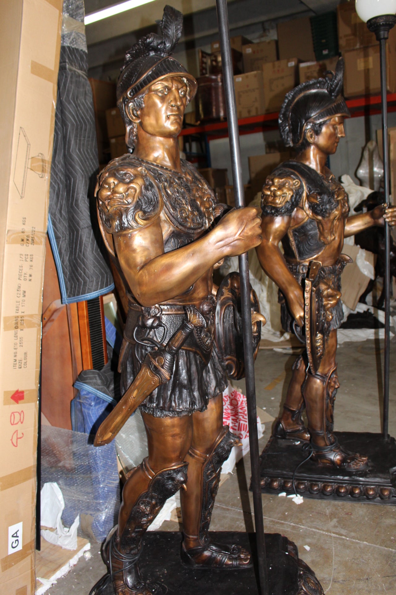 Pair of Roman Warrior lamps Bronze Statues -  Size: 33"L x 24"W x 96"H. 
