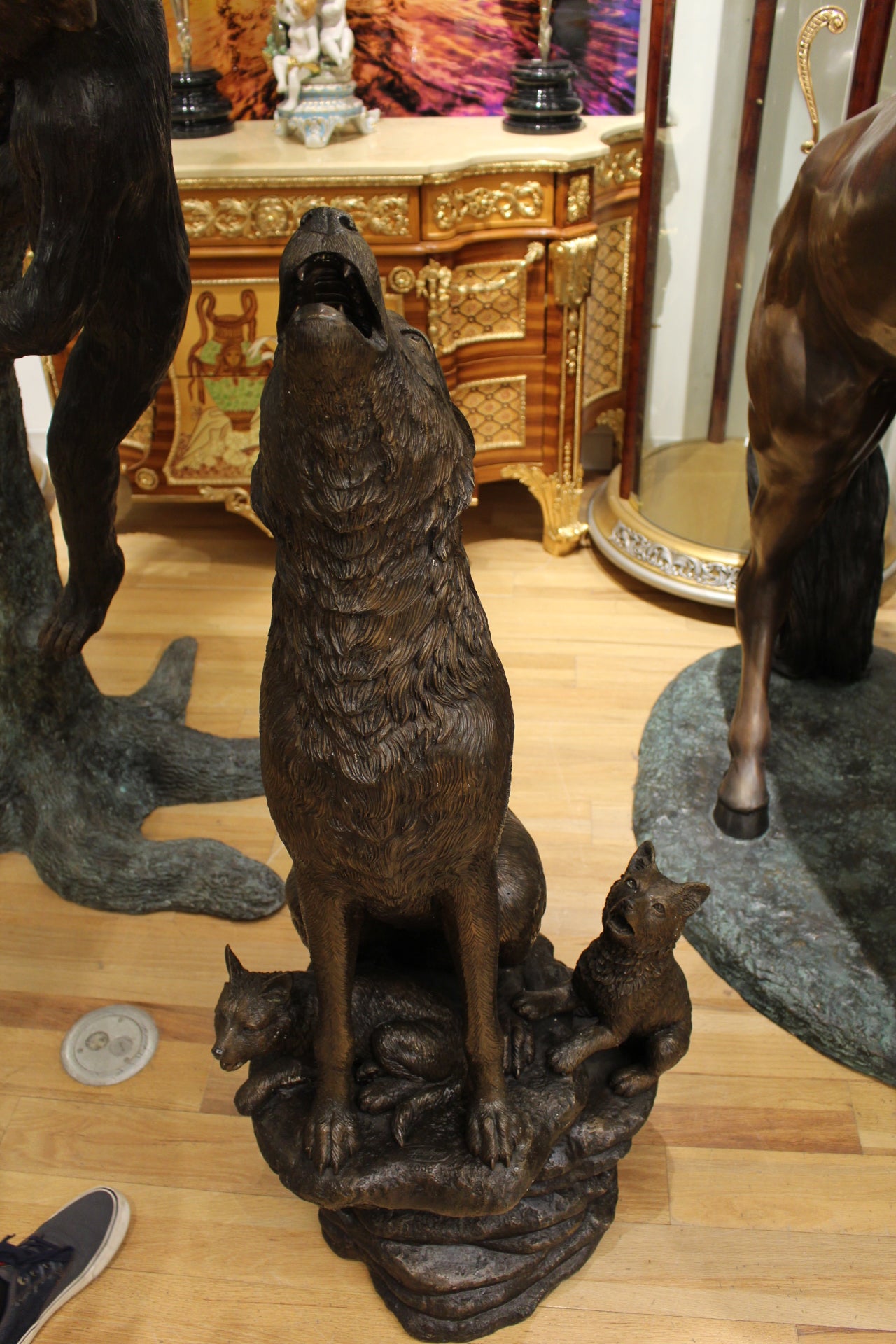 Wolf and Cubs Bronze Statue -  Size: 24"L x 17"W x 48"H. 