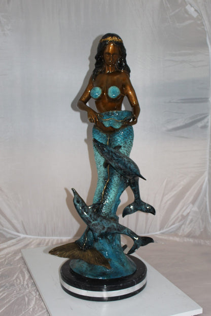 Mermaid with 2 dolphins Bronze Statue -  Size: 14"L x 14"W x 28"H. 