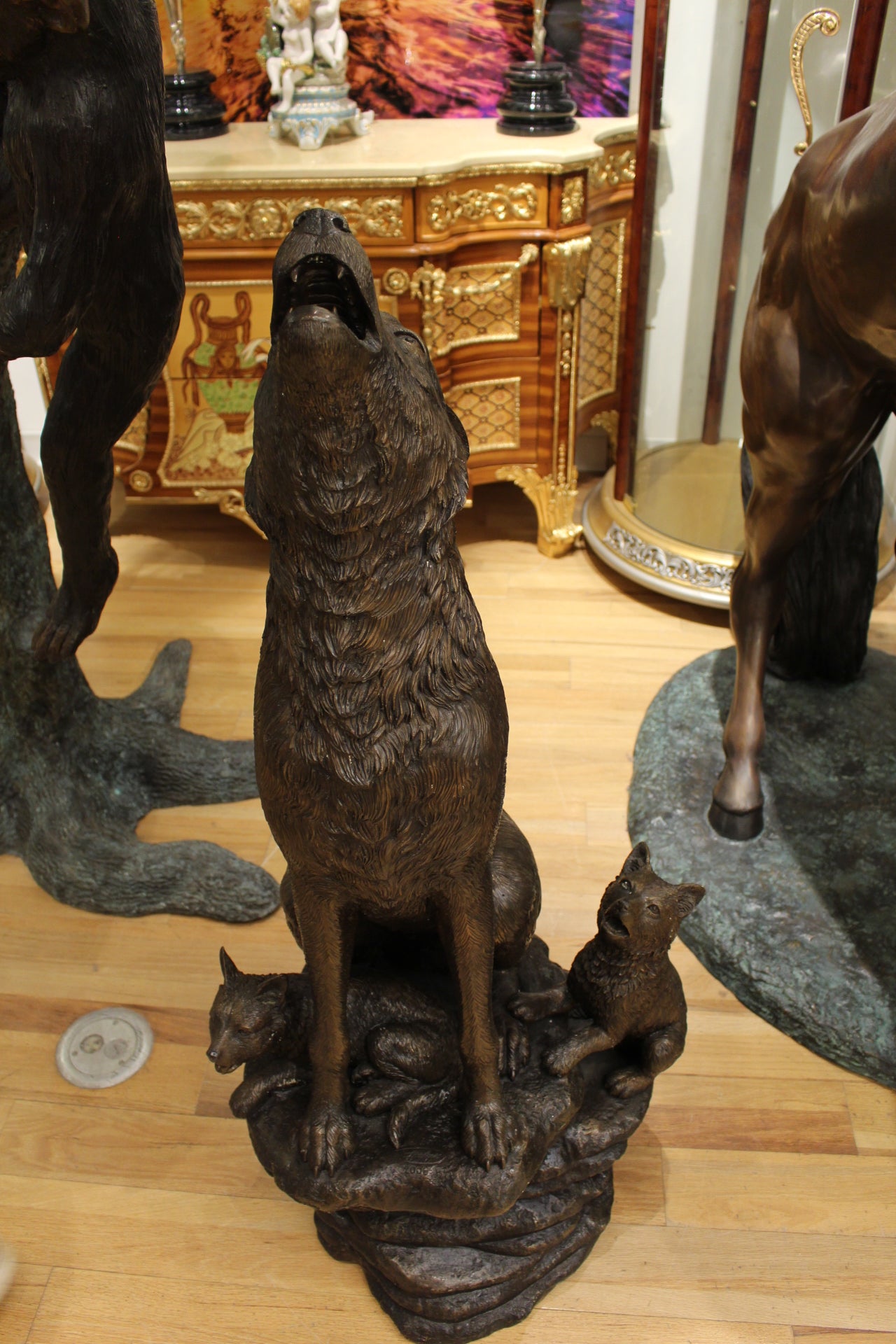 Wolf and Cubs Bronze Statue -  Size: 24"L x 17"W x 48"H. 