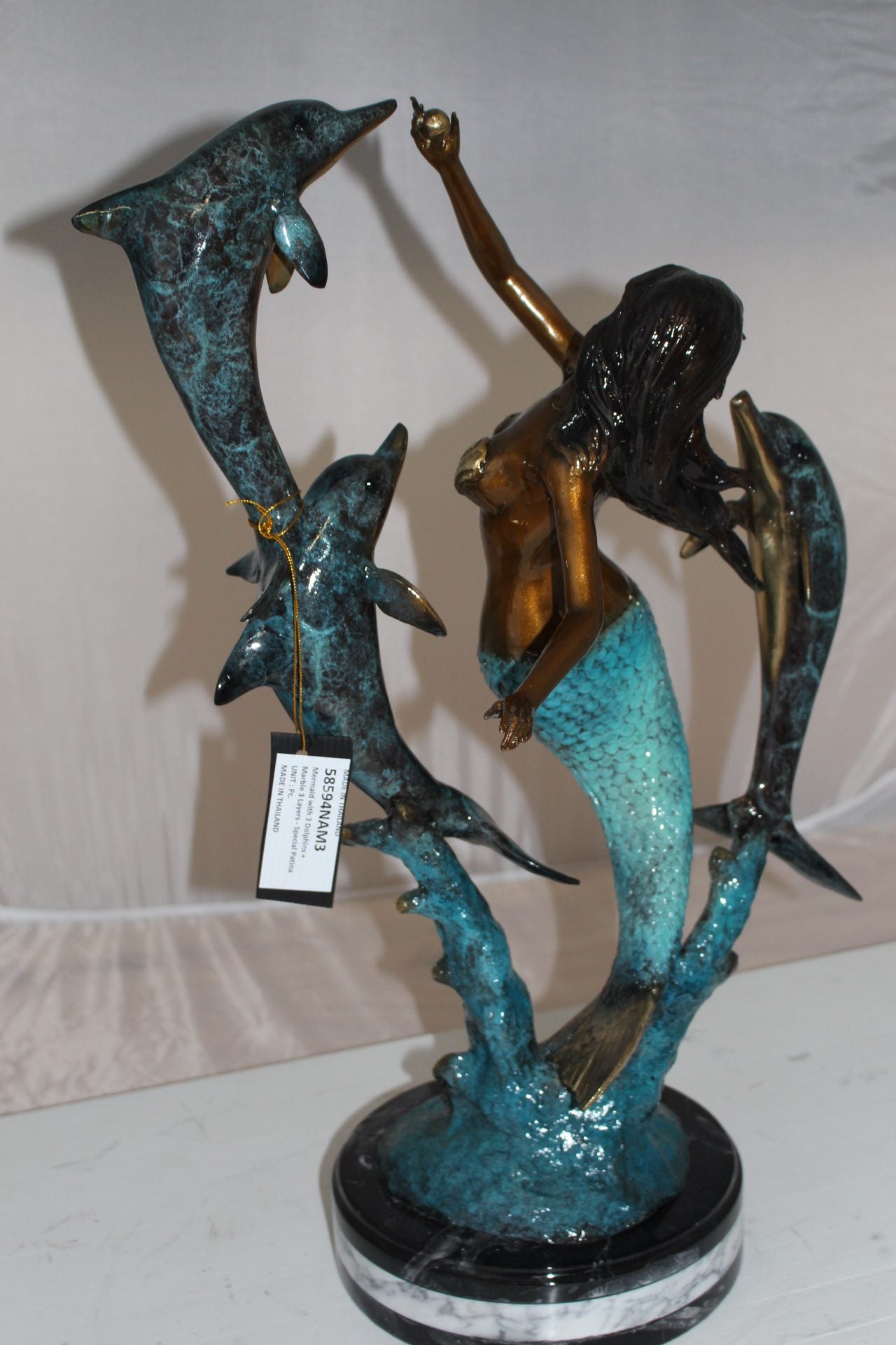 Mermaid with 3 dolphins Bronze Statue -  Size: 16"L x 10"W x 25"H. 