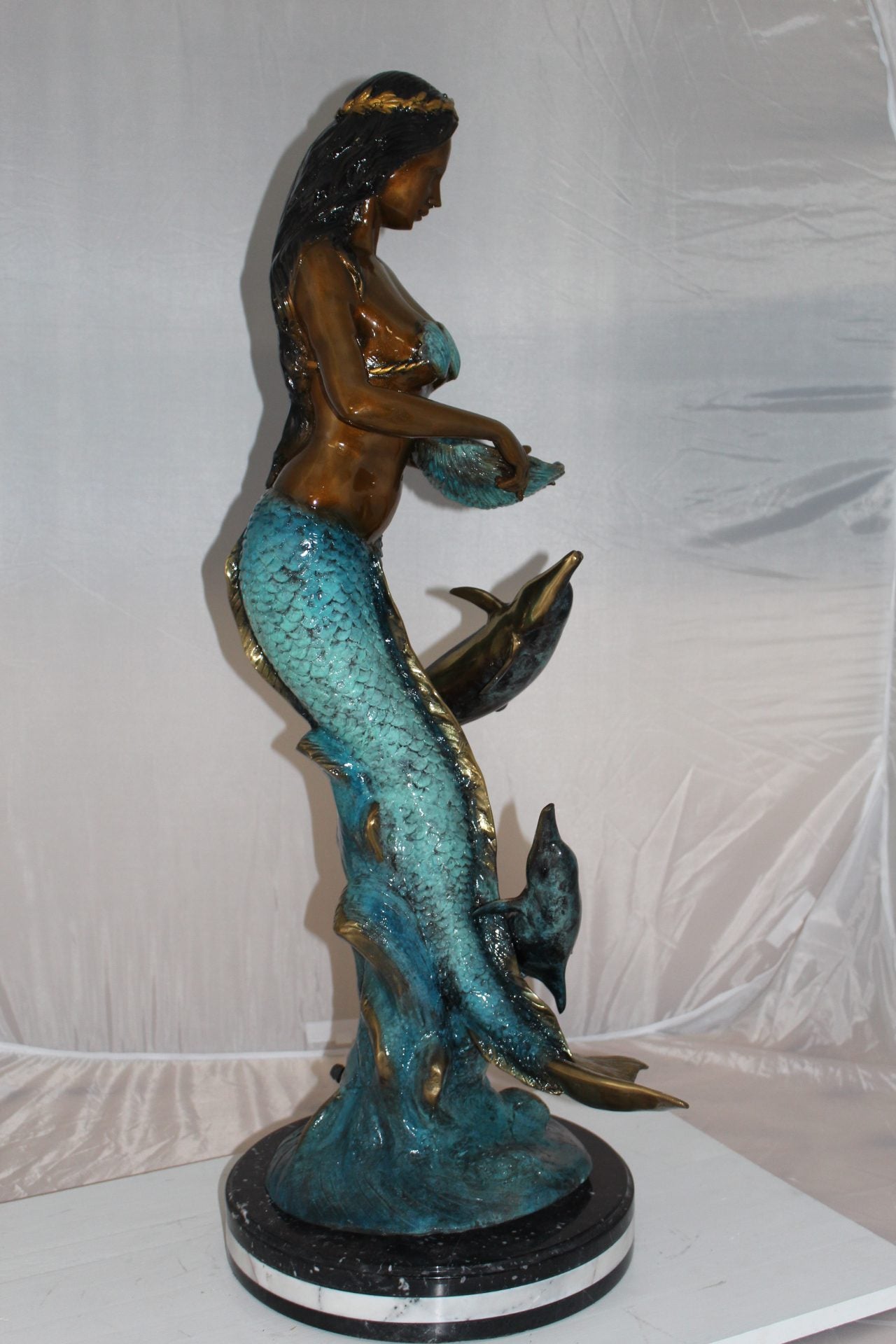Mermaid with 2 dolphins Bronze Statue -  Size: 14"L x 14"W x 28"H. 