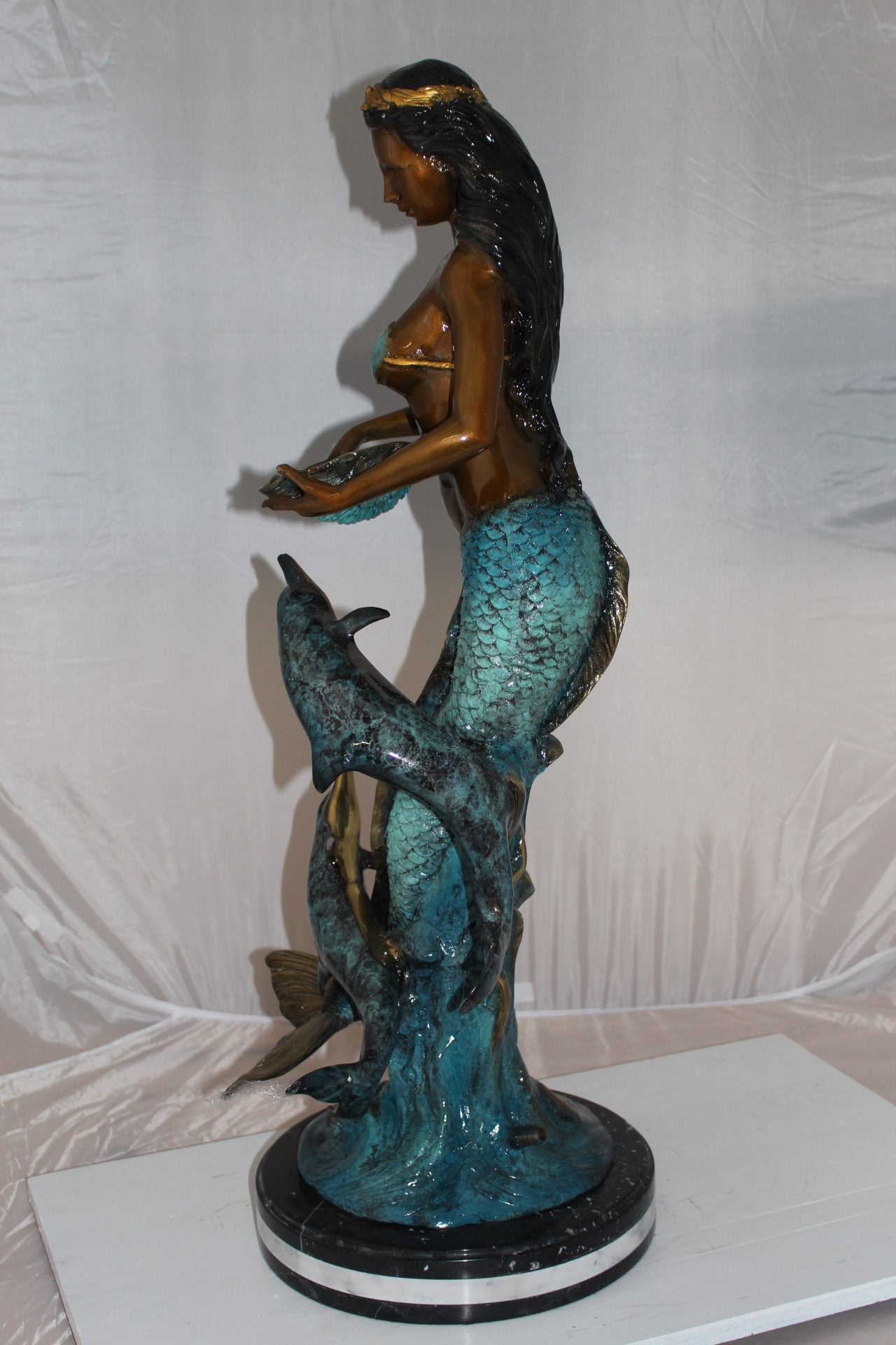 Mermaid with 2 dolphins Bronze Statue -  Size: 14"L x 14"W x 28"H. 