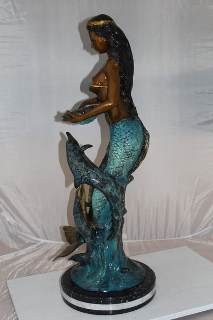 Mermaid with 2 dolphins Bronze Statue -  Size: 14"L x 14"W x 28"H. 
