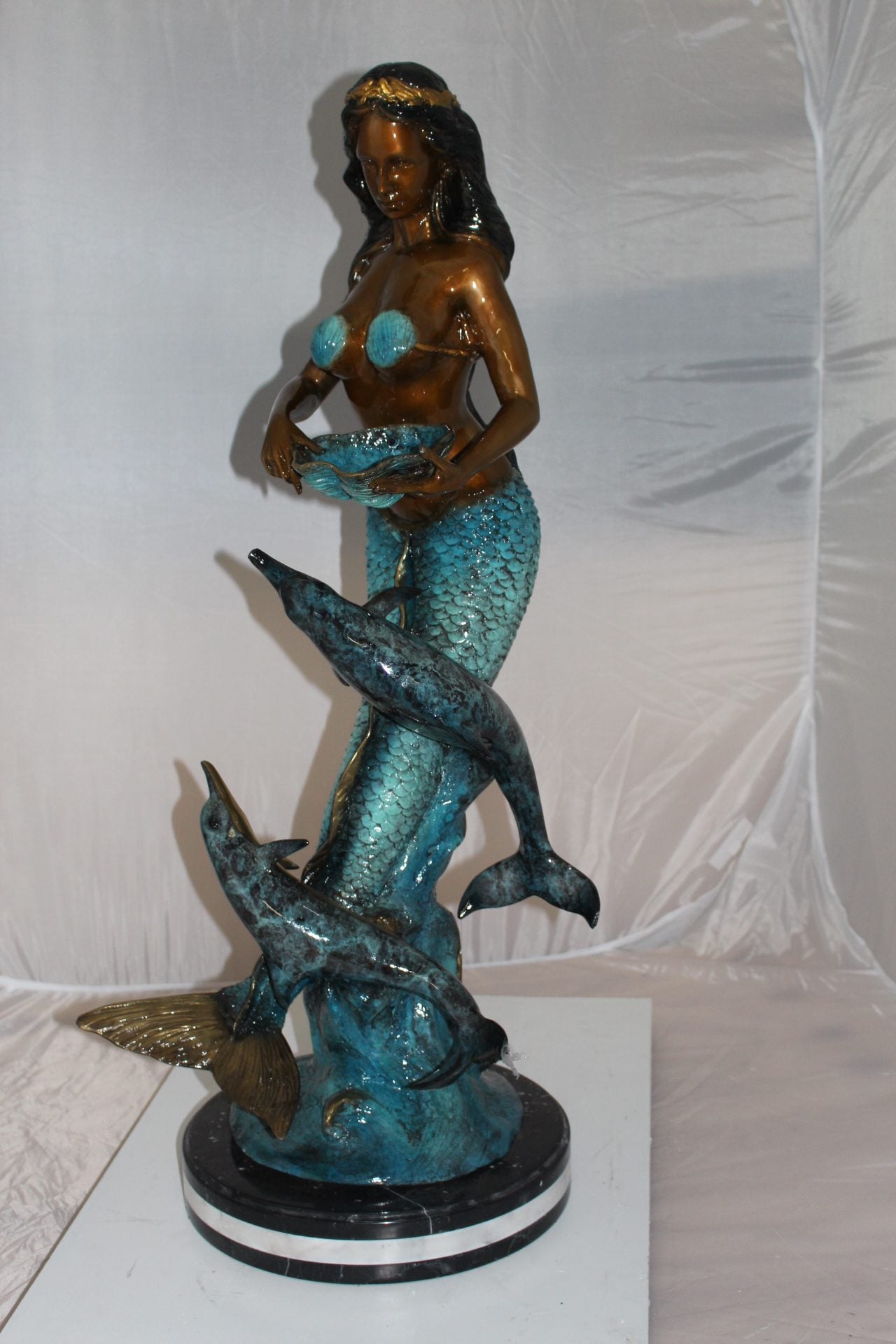 Mermaid with 2 dolphins Bronze Statue -  Size: 14"L x 14"W x 28"H. 