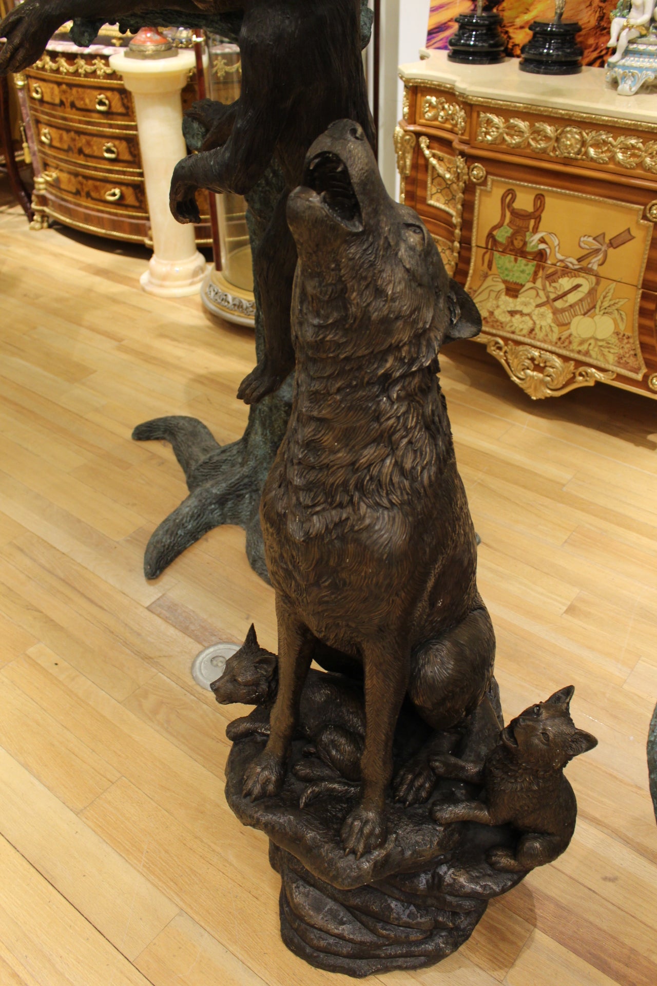 Wolf and Cubs Bronze Statue -  Size: 24"L x 17"W x 48"H. 