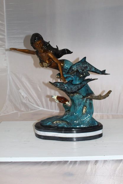 Mermaid w Dolphin and turtle Bronze Statue -  Size: 19"L x 9"W x 22"H. 