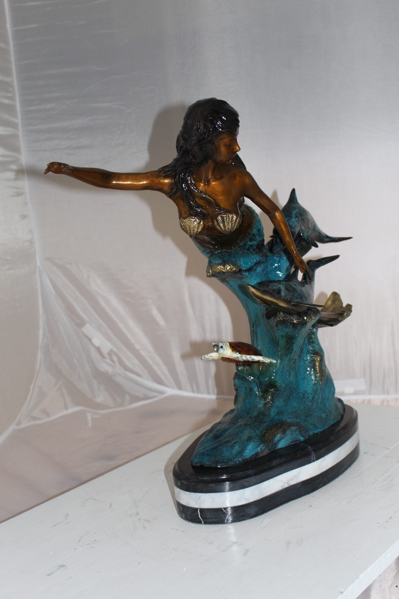 Mermaid w Dolphin and turtle Bronze Statue -  Size: 19"L x 9"W x 22"H. 